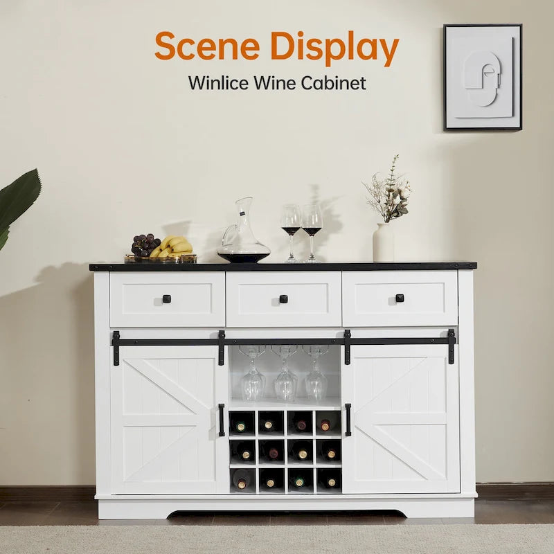 Bahut de ferme noir/blanc avec porte coulissante de style grange, 3 tiroirs et casier à vin – 1 unité