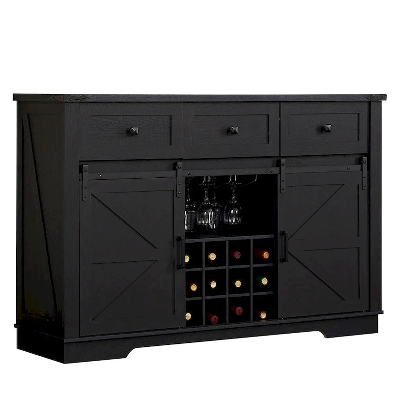 Bahut de ferme noir/blanc avec porte coulissante de style grange, 3 tiroirs et casier à vin – 1 unité