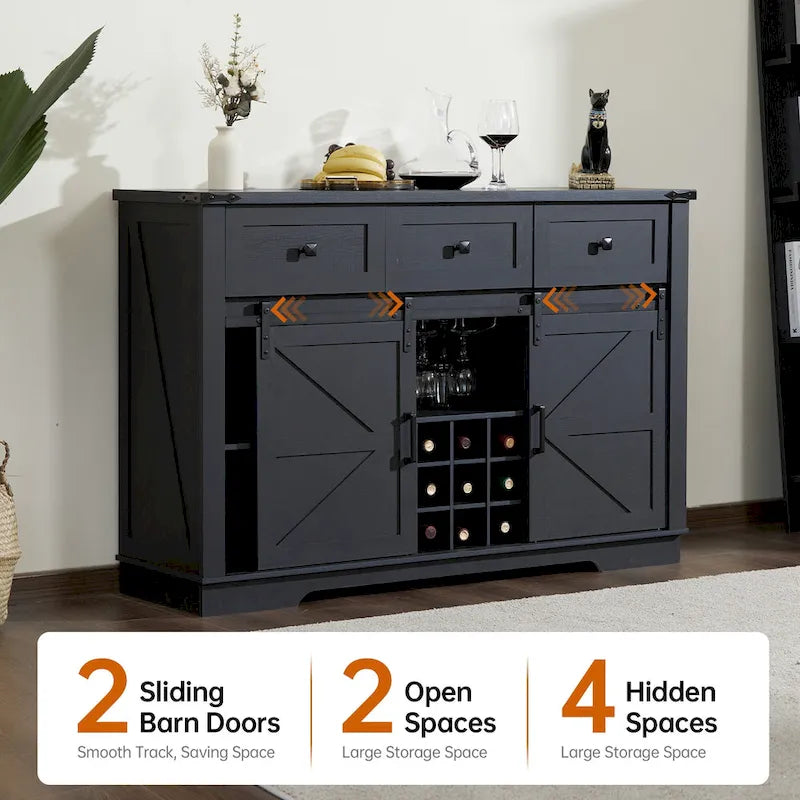 Bahut de ferme noir/blanc avec porte coulissante de style grange, 3 tiroirs et casier à vin – 1 unité