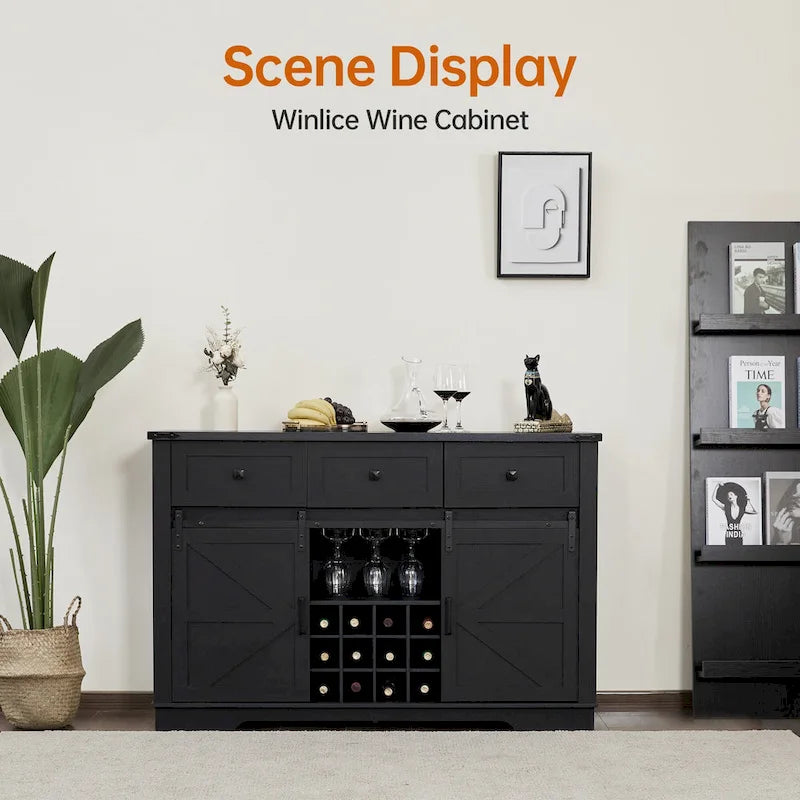 Bahut de ferme noir/blanc avec porte coulissante de style grange, 3 tiroirs et casier à vin – 1 unité