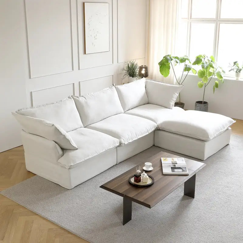 Ensemble de canapé d'angle en velours beige / blanc / noir, 4 pièces