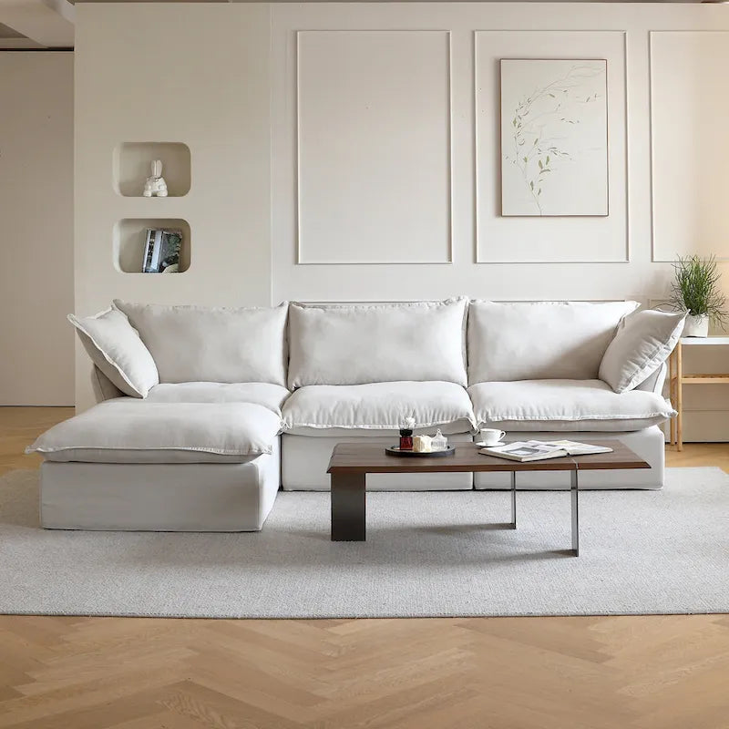 Ensemble de canapé d'angle en velours beige / blanc / noir, 4 pièces