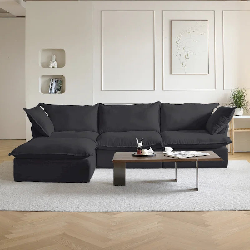 Ensemble de canapé d'angle en velours beige / blanc / noir, 4 pièces