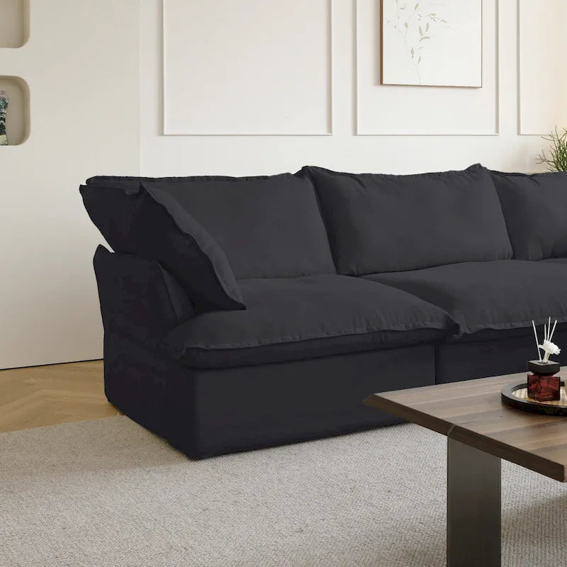 Ensemble de canapé d'angle en velours beige / blanc / noir, 4 pièces