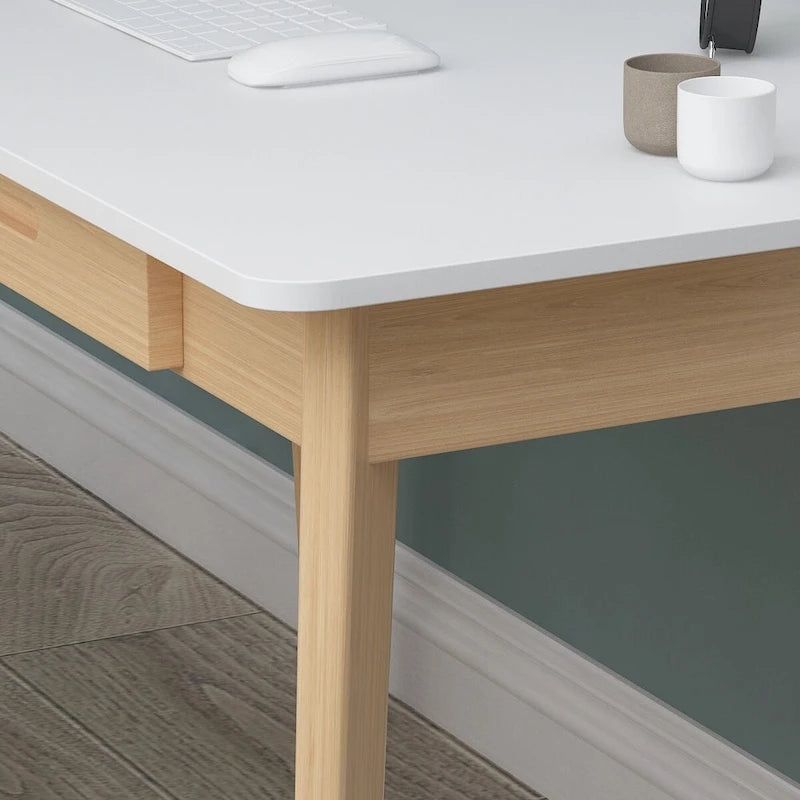 Bureau d'écriture en bois blanc avec 2 tiroirs, 1 personne