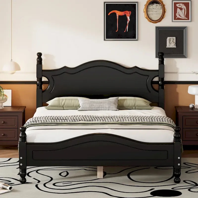 Cadre de lit plateforme en bois rétro noir/blanc – taille double, 1 personne