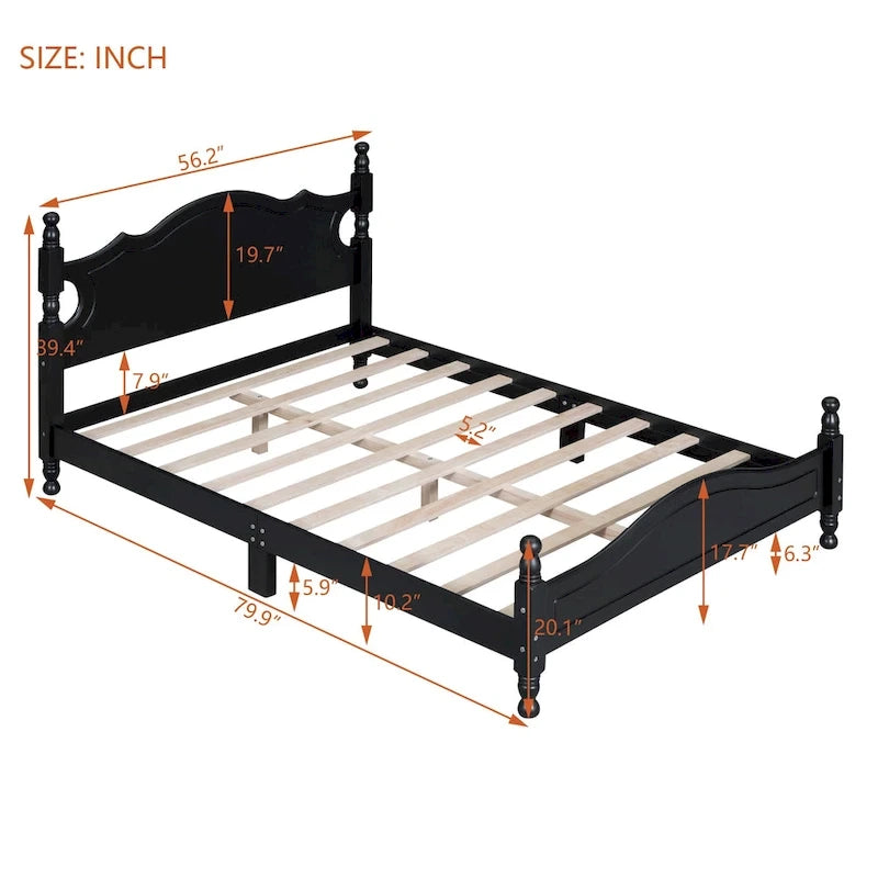 Cadre de lit plateforme en bois rétro noir/blanc – taille double, 1 personne
