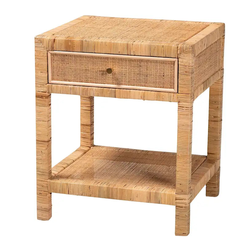Table de chevet 1 tiroir en rotin et acajou, Bohemian Naturel, 1 personne