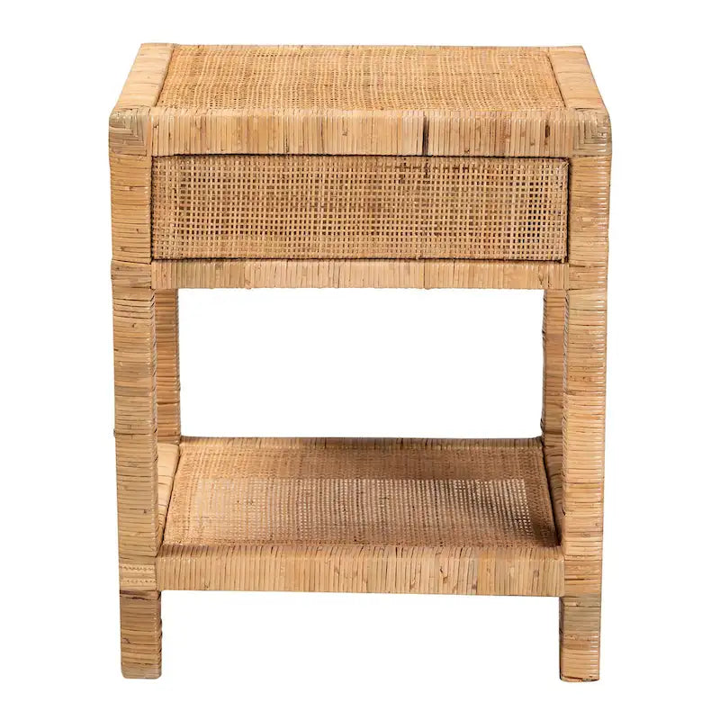 Table de chevet 1 tiroir en rotin et acajou, Bohemian Naturel, 1 personne