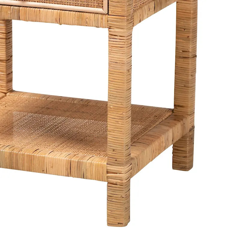 Table de chevet 1 tiroir en rotin et acajou, Bohemian Naturel, 1 personne