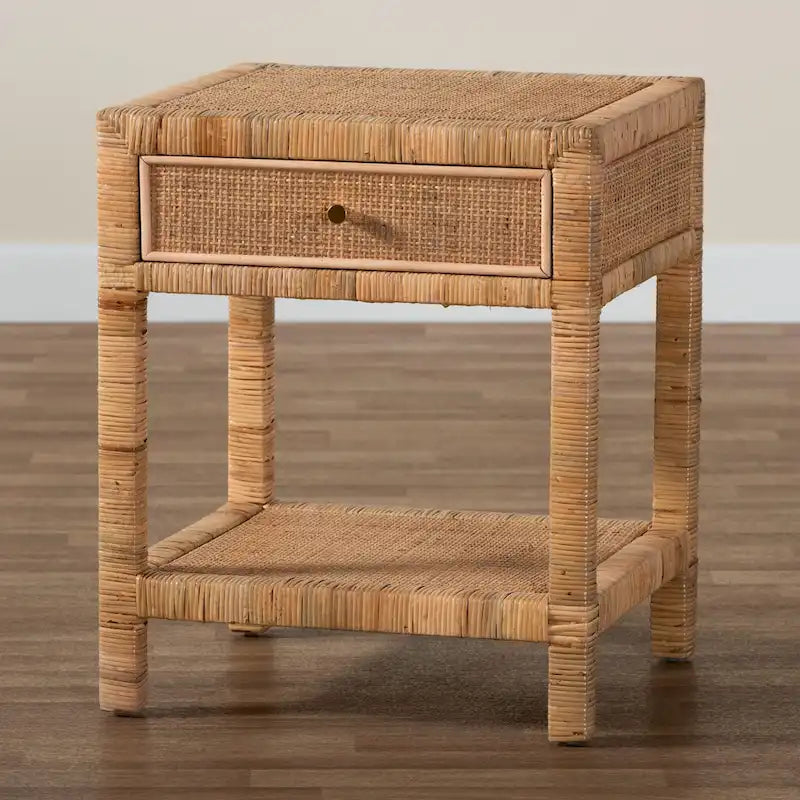 Table de chevet 1 tiroir en rotin et acajou, Bohemian Naturel, 1 personne