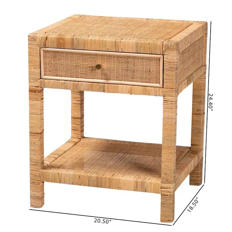 Table de chevet 1 tiroir en rotin et acajou, Bohemian Naturel, 1 personne