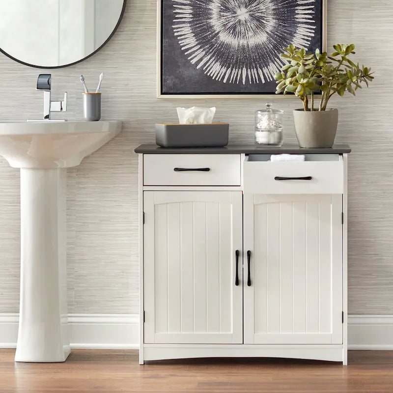 Armoire basse à double porte et 2 tiroirs, blanc et gris anthracite