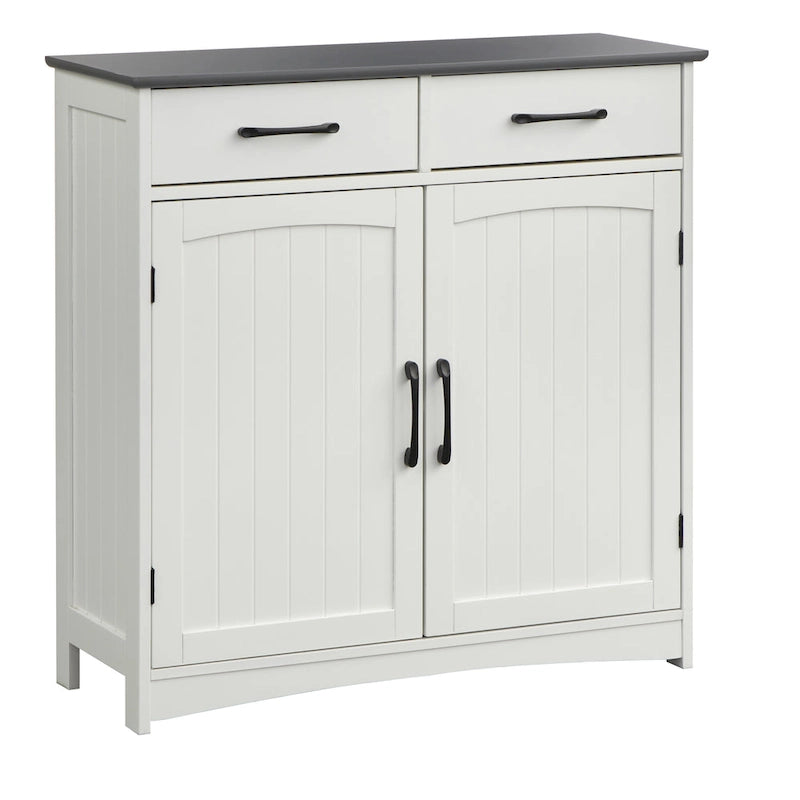 Armoire basse à double porte et 2 tiroirs, blanc et gris anthracite