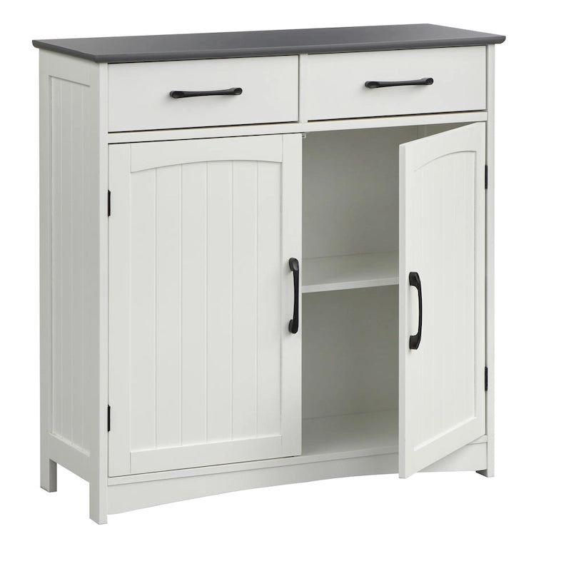 Armoire basse à double porte et 2 tiroirs, blanc et gris anthracite