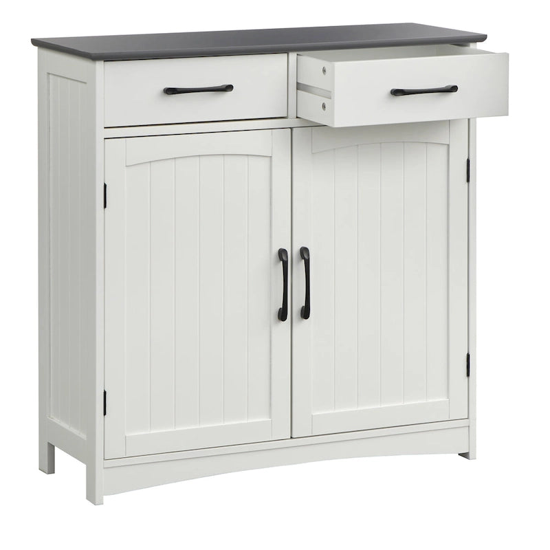 Armoire basse à double porte et 2 tiroirs, blanc et gris anthracite