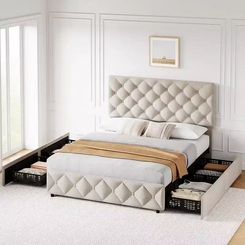 Cadre de lit Whizmax avec 4 tiroirs de rangement, plateforme de lit tapissée de lin avec tête de lit réglable, capitonnage à motifs de losanges, blanc cassé