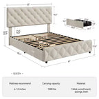 Cadre de lit Whizmax avec 4 tiroirs de rangement, plateforme de lit tapissée de lin avec tête de lit réglable, capitonnage à motifs de losanges, blanc cassé