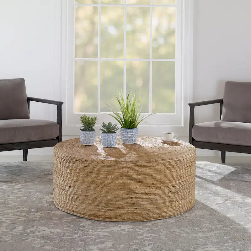 Table basse ronde tissée naturelle, plateau en bois, 1 pièce
