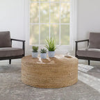 Table basse ronde tissée naturelle, plateau en bois, 1 pièce
