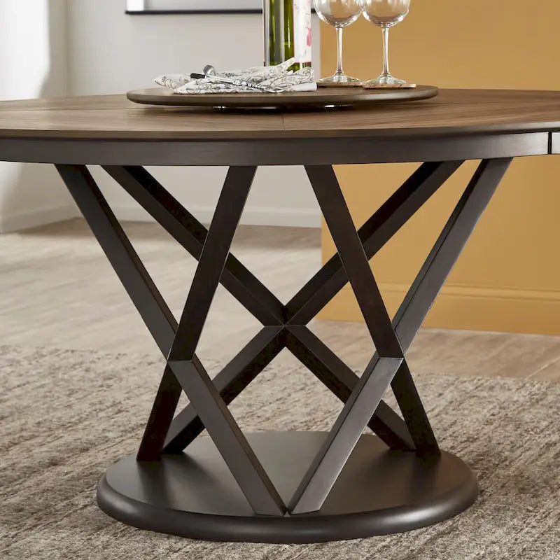 Table à manger ronde Espresso et Noyer avec plateau tournant, 6 places