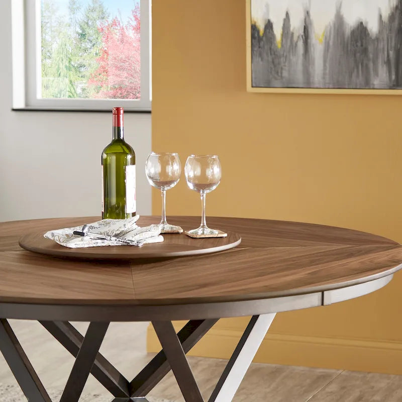 Table à manger ronde Espresso et Noyer avec plateau tournant, 6 places
