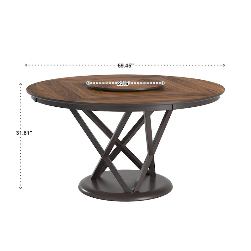 Table à manger ronde Espresso et Noyer avec plateau tournant, 6 places
