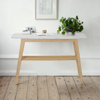 Table console en marbre blanc et gris, pieds en chêne/noyer, 109 cm L x 30 cm l x 79 cm H