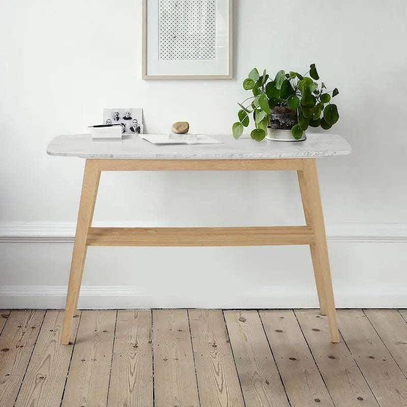 Table console en marbre blanc et gris, pieds en chêne/noyer, 109 cm L x 30 cm l x 79 cm H