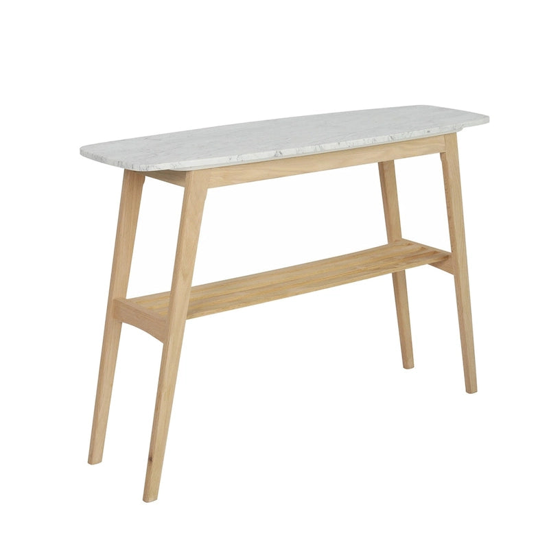 Table console en marbre blanc et gris, pieds en chêne/noyer, 109 cm L x 30 cm l x 79 cm H