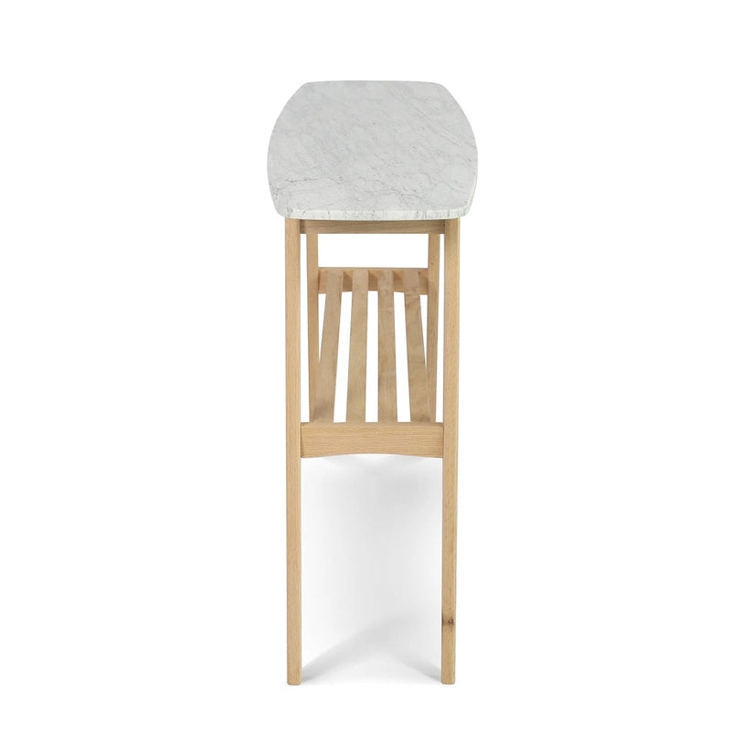 Table console en marbre blanc et gris, pieds en chêne/noyer, 109 cm L x 30 cm l x 79 cm H