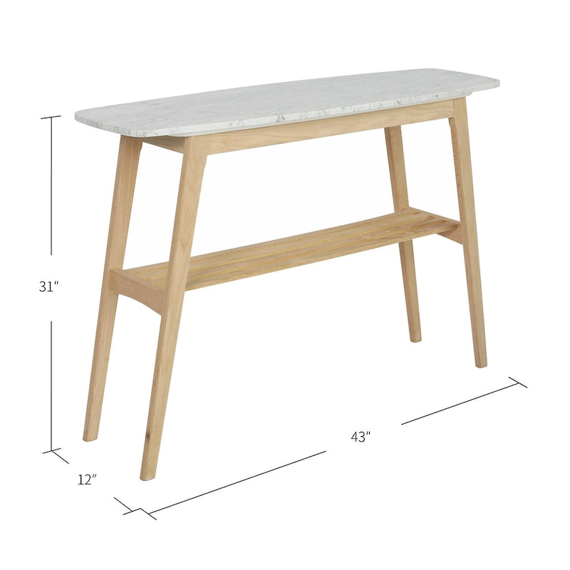 Table console en marbre blanc et gris, pieds en chêne/noyer, 109 cm L x 30 cm l x 79 cm H