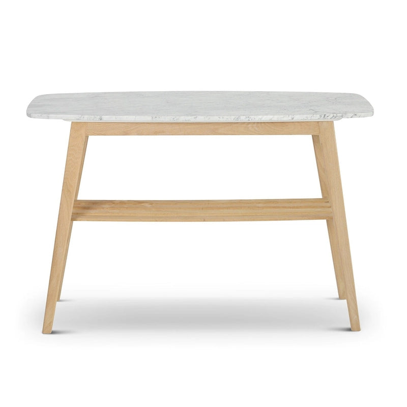 Table console en marbre blanc et gris, pieds en chêne/noyer, 109 cm L x 30 cm l x 79 cm H