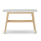 Table console en marbre blanc et gris, pieds en chêne/noyer, 109 cm L x 30 cm l x 79 cm H