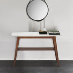 Table console en marbre blanc et gris, pieds en chêne/noyer, 109 cm L x 30 cm l x 79 cm H