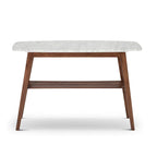 Table console en marbre blanc et gris, pieds en chêne/noyer, 109 cm L x 30 cm l x 79 cm H