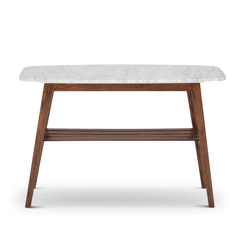 Table console en marbre blanc et gris, pieds en chêne/noyer, 109 cm L x 30 cm l x 79 cm H