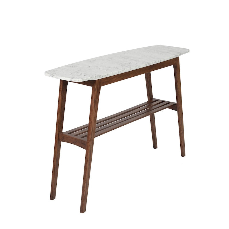Table console en marbre blanc et gris, pieds en chêne/noyer, 109 cm L x 30 cm l x 79 cm H