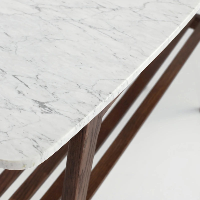Table console en marbre blanc et gris, pieds en chêne/noyer, 109 cm L x 30 cm l x 79 cm H