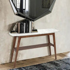 Table console en marbre blanc et gris, pieds en chêne/noyer, 109 cm L x 30 cm l x 79 cm H