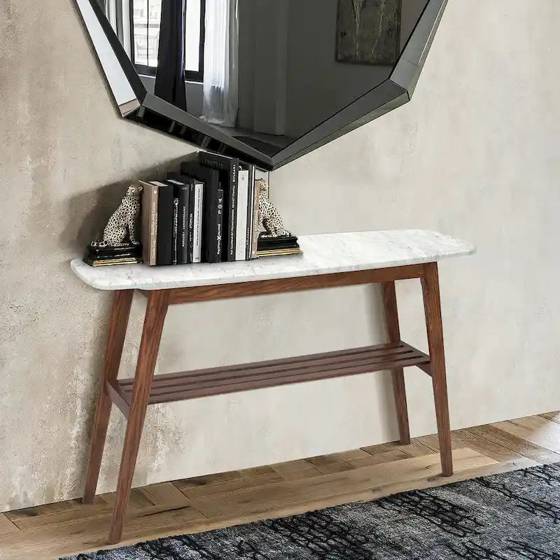 Table console en marbre blanc et gris, pieds en chêne/noyer, 109 cm L x 30 cm l x 79 cm H