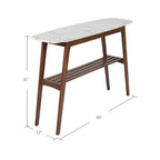 Table console en marbre blanc et gris, pieds en chêne/noyer, 109 cm L x 30 cm l x 79 cm H