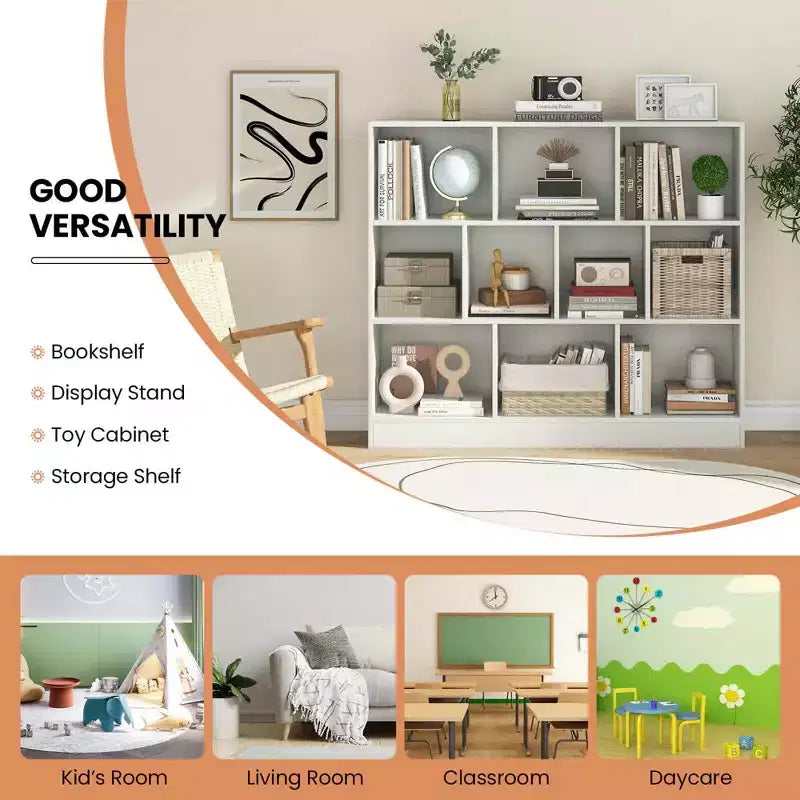 Costway Bibliothèque pour enfants à 10 cubes, meuble de rangement en bois pour chambre d'enfant, blanc/naturel