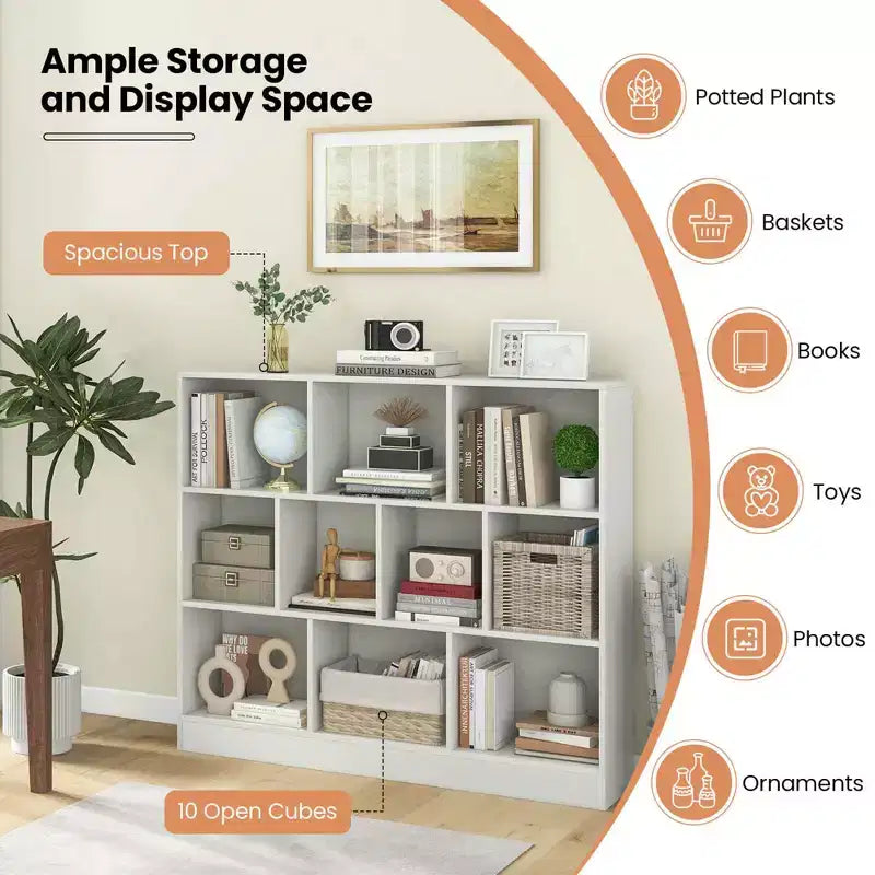 Costway Bibliothèque pour enfants à 10 cubes, meuble de rangement en bois pour chambre d'enfant, blanc/naturel