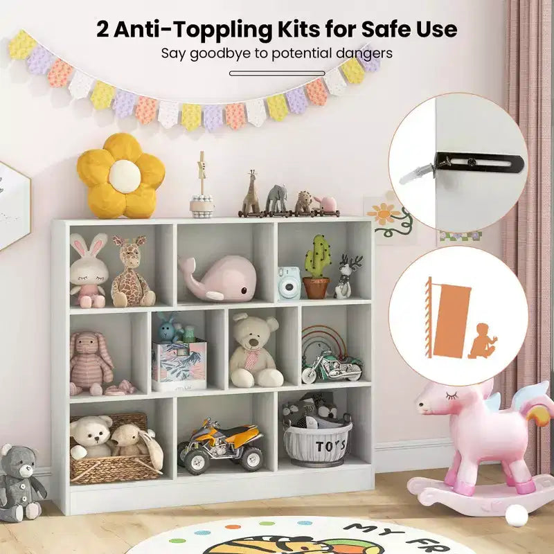 Costway Bibliothèque pour enfants à 10 cubes, meuble de rangement en bois pour chambre d'enfant, blanc/naturel