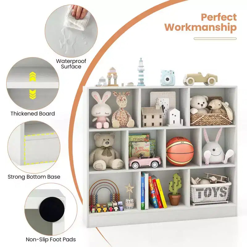 Costway Bibliothèque pour enfants à 10 cubes, meuble de rangement en bois pour chambre d'enfant, blanc/naturel