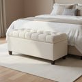 Fabric Upholstered Button Tufted Wooden Bench With Hinged Storage, White and Brown