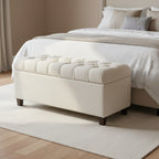 Fabric Upholstered Button Tufted Wooden Bench With Hinged Storage, White and Brown