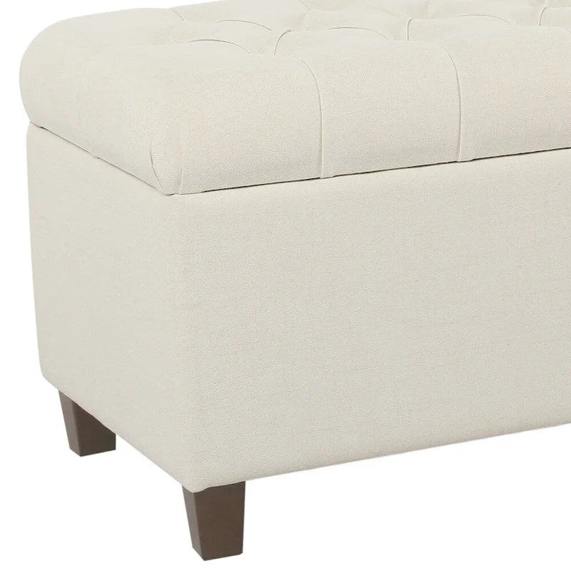 Banc de rangement capitonné blanc avec couvercle à charnière, pieds marron – 1 place