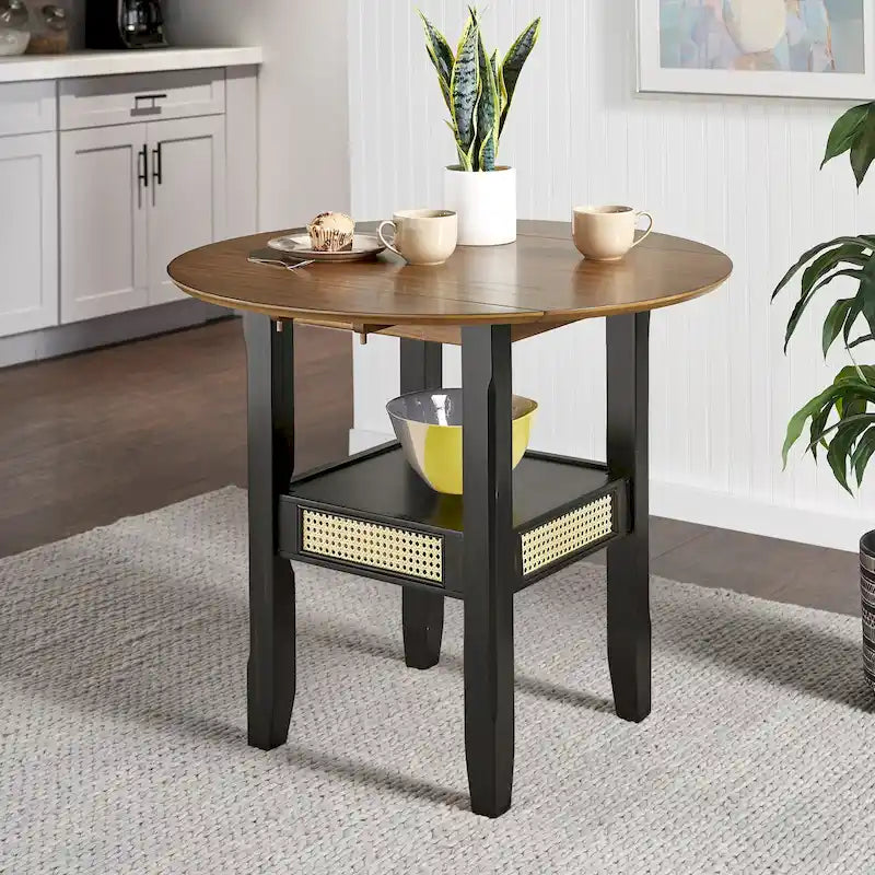 Table de salle à manger ronde à abattants, avec incrustations de cannage, coloris noir/blanc/chêne antique, 2 places
